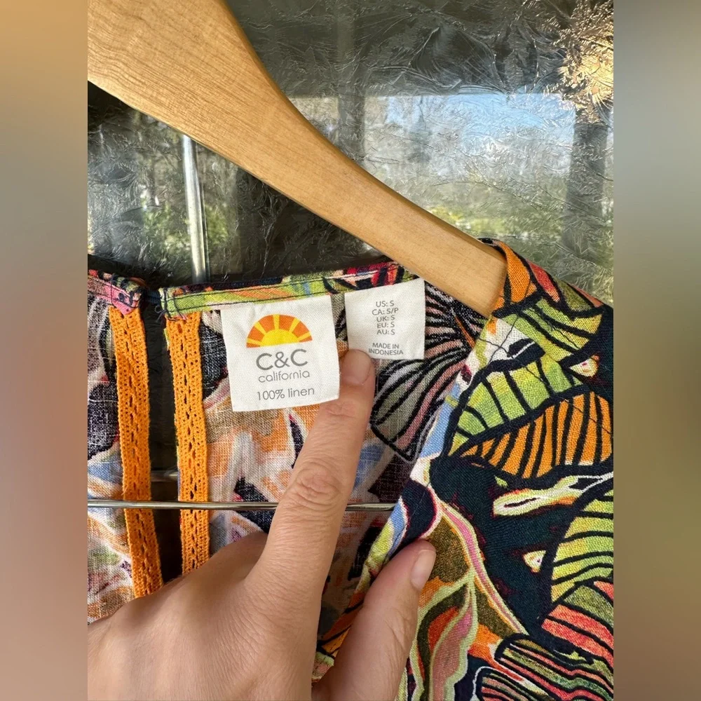 Small Linen V Neck Tropical Vacation Shift Dress Pockets Bright Colorful Resort - Picture 2 of 6